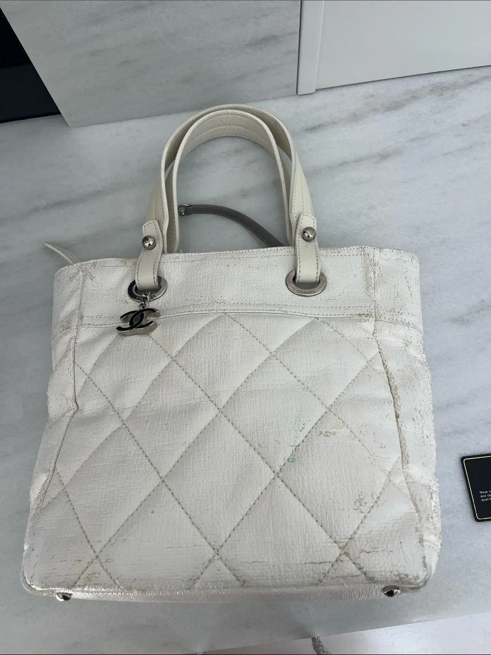 Chanel Paris Biarritz White Tote Bag Silver Charm Hardware Guaranteed Authentic